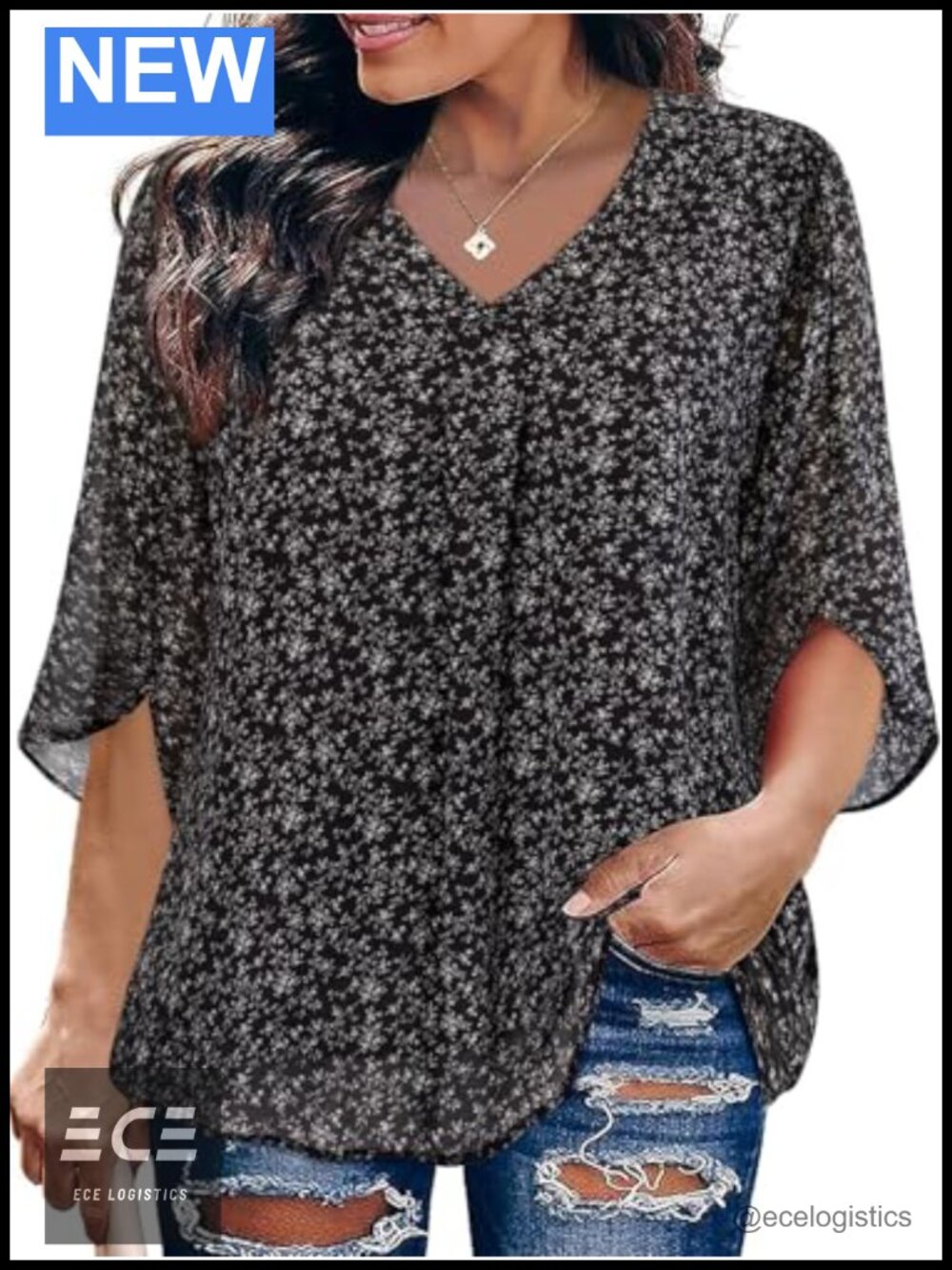 Women's Plus Size Chiffon V-Neck Blouse 3/4 Bell Sleeve Dressy Casual Top